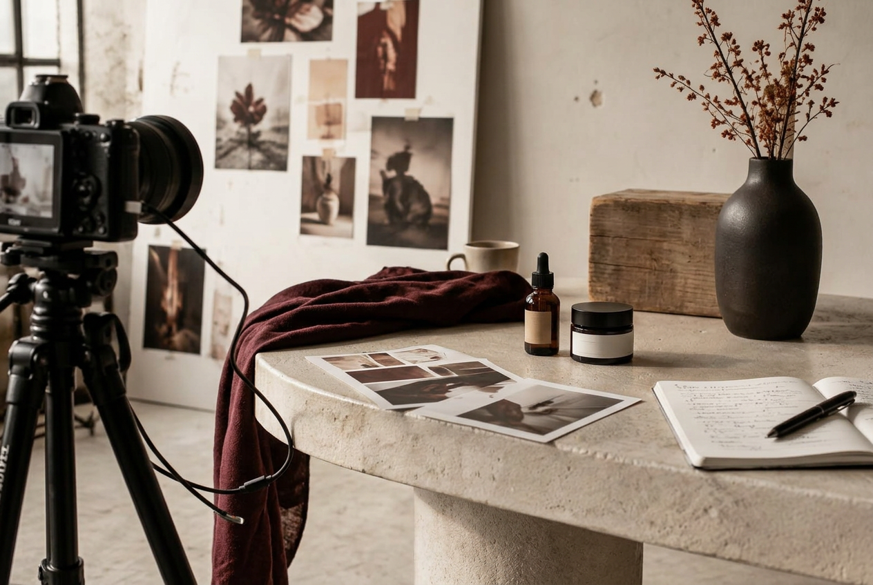 A brand content production set with camera, products and creative references